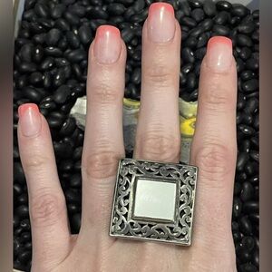 Vintage Sterling Silver Signed Scroll Mirror Ring~Size 7 Rare .925 Art Nouveau